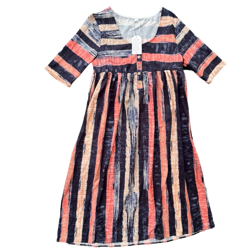 Made With Love Womens Small Navy Coral Peach Brush Print Short Sleeve Midi Dress
